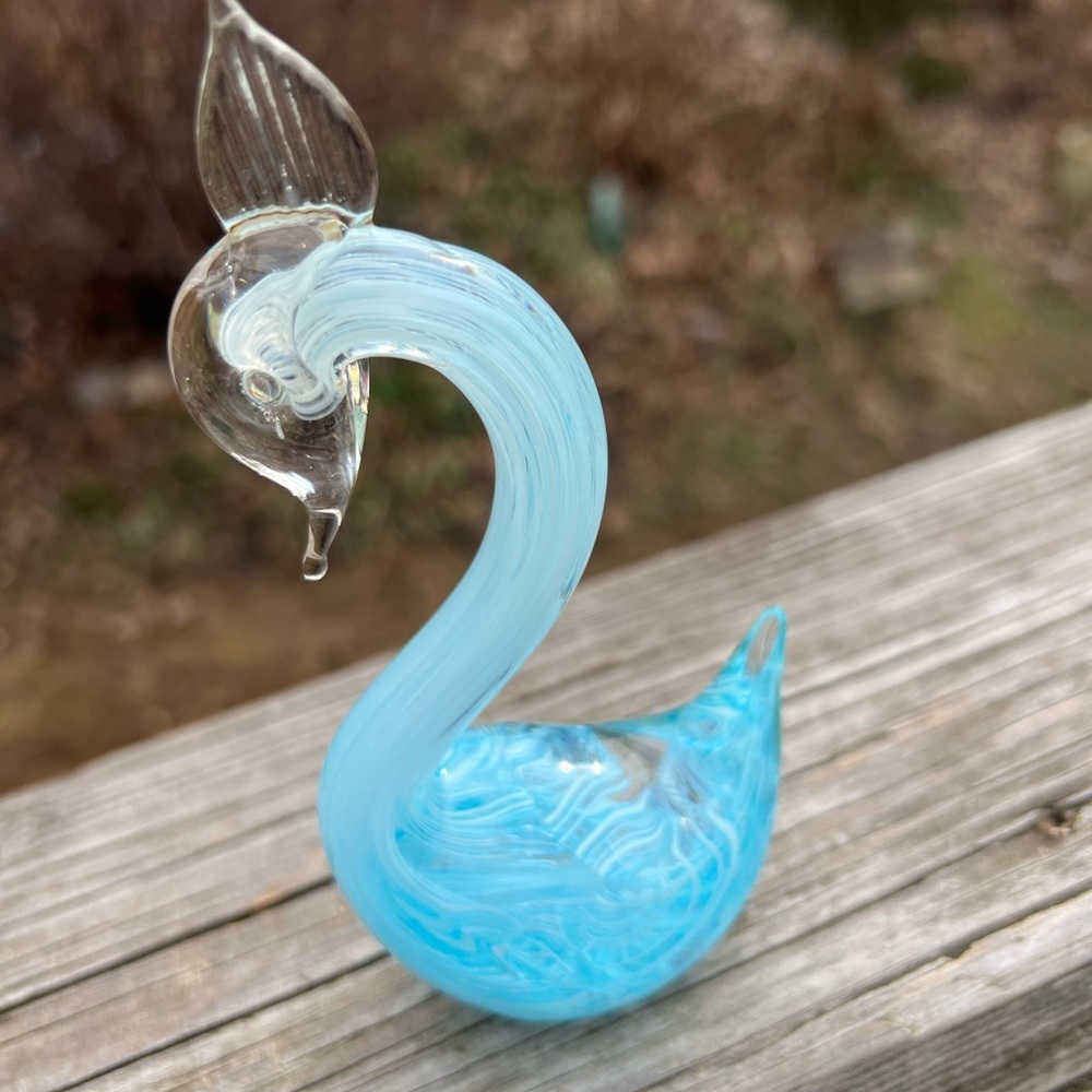 Murano Style Art Glass Swan Robin’s Egg Blue And White 6” Height As is